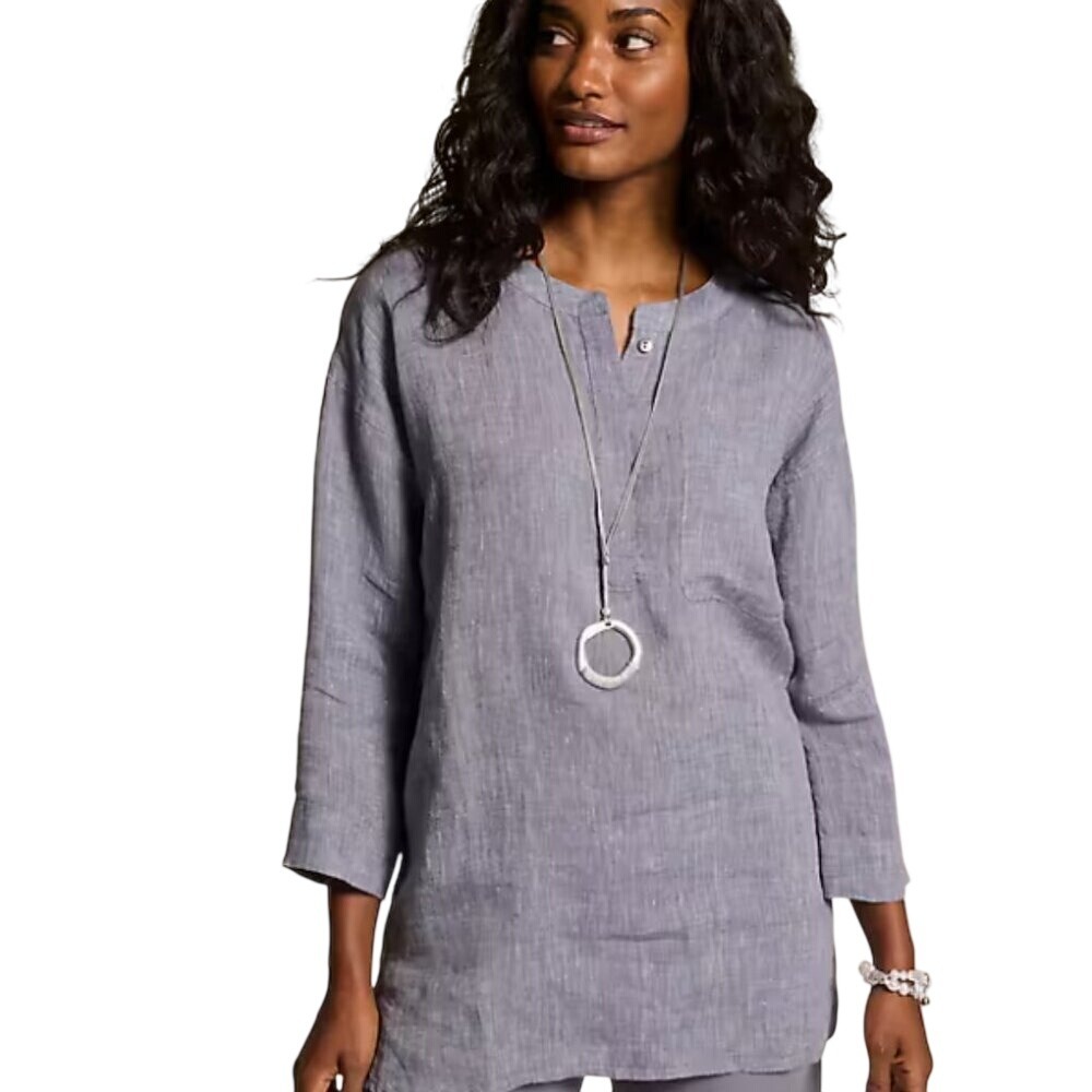 Pure Jill Linen One-Pocket Tunic 3/4 Sleeve Curved Hem Size XS‎